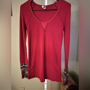 We The Free Red Long Sleeve Top with Patterned Cuffs